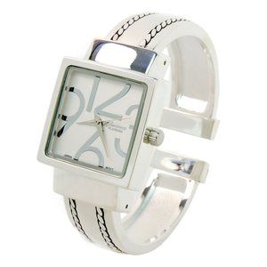Silver Square Dial with Oversized Hours Stitch Style Bangle Cuff Watch